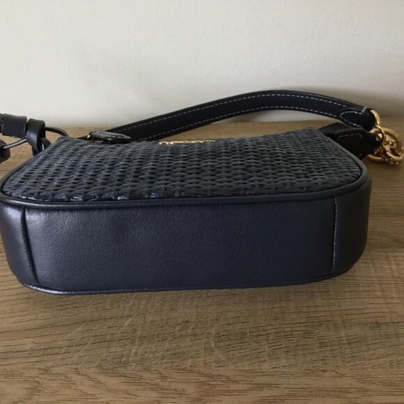 COACH CH215 Straw+Leather Mix Nolita 15 Navy Wristlet & Coach Gold Cherry Charm - Picture 5 of 9